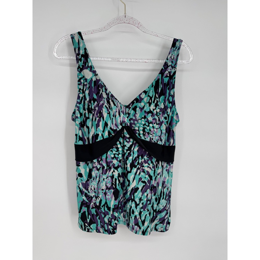 Costa Del Sol Women's Abstract Print Tankini Aqua V Neck Black Trim Sz 16